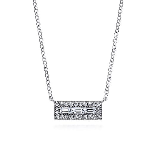 14K White Gold Baguette and Round Diamond Rectangle Pendant Necklace