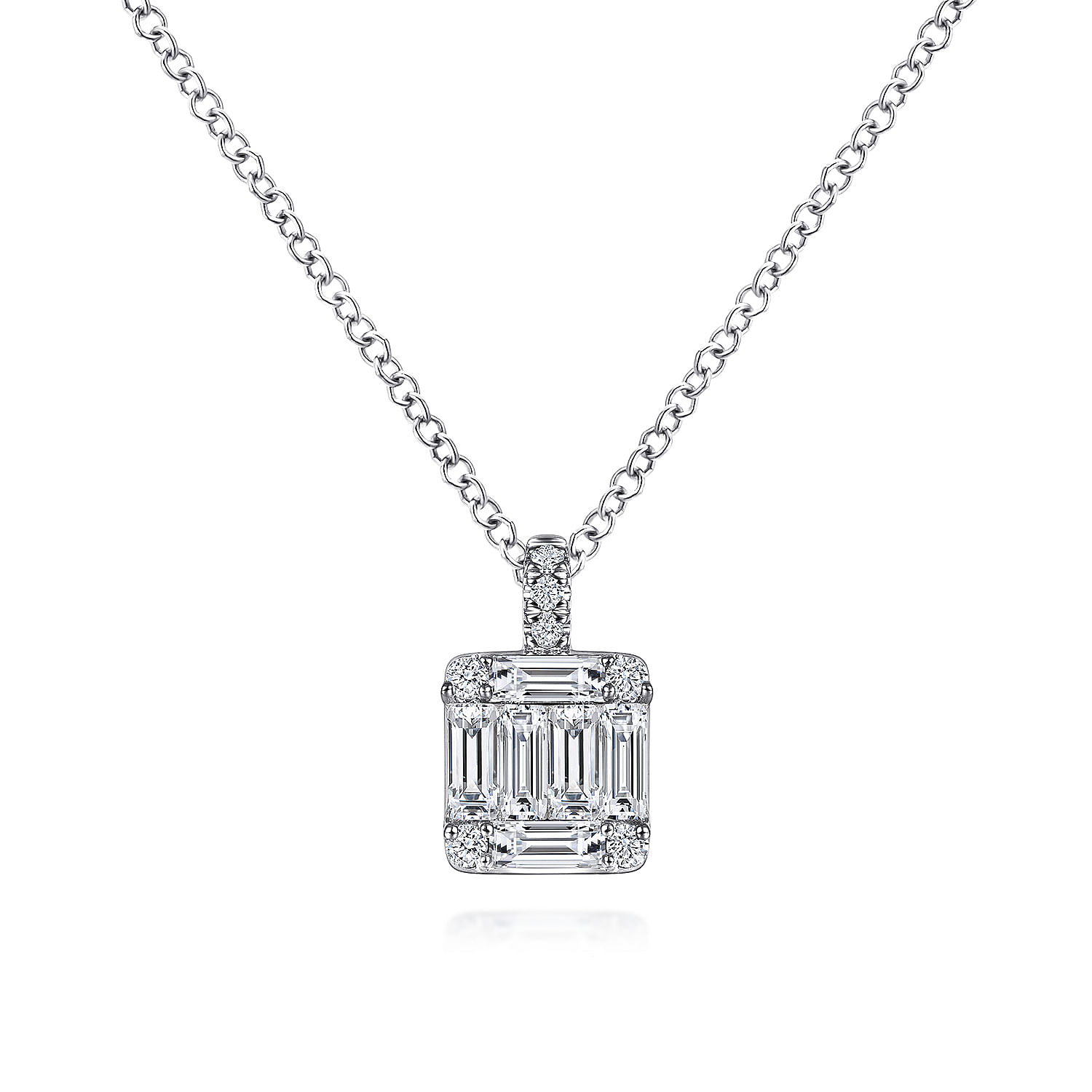 14K White Gold Baguette and Round Diamond Square Pendant Necklace
