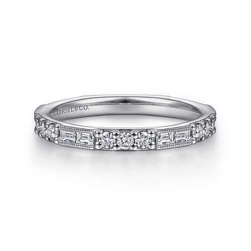 14K White Gold Baguette and Round Diamond Stackable Ring