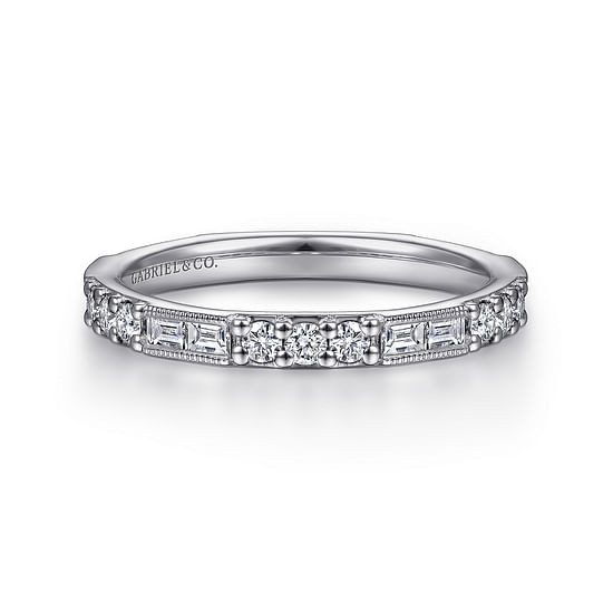 Gabriel - 14K White Gold Baguette and Round Diamond Stackable Ring