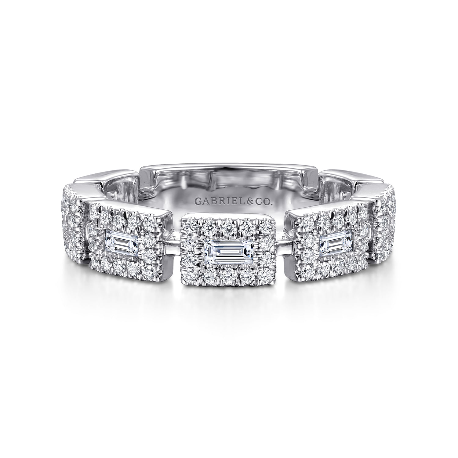 14K White Gold Baguette and Round Diamond Station Ring
