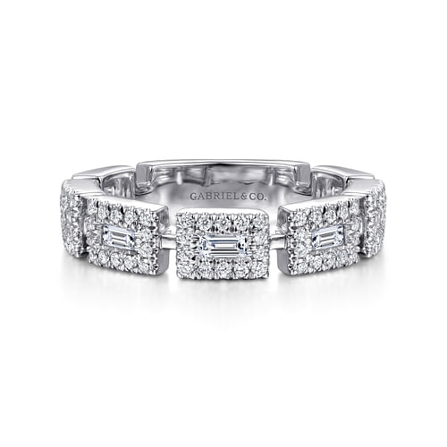 14K White Gold Baguette and Round Diamond Station Ring