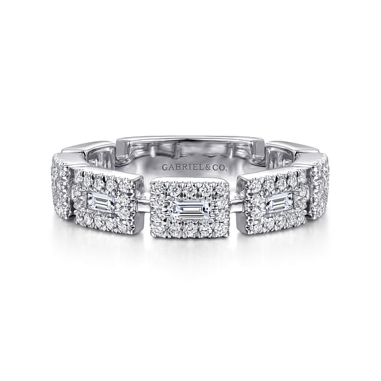 Gabriel - 14K White Gold Baguette and Round Diamond Station Ring