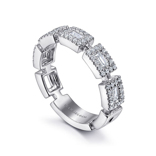 14K White Gold Baguette and Round Diamond Station Ring