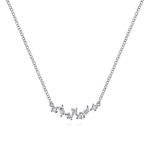 14K White Gold Baguette and Round Diamond Zig Zag Necklace