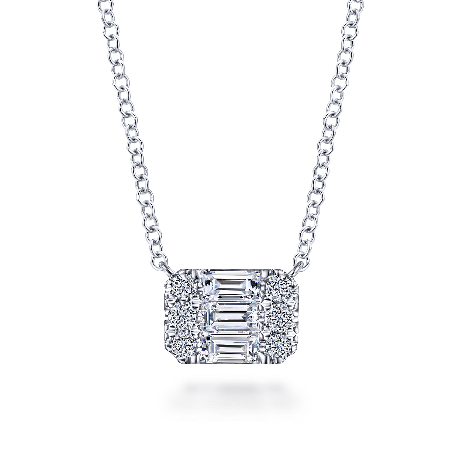 14K White Gold Baguette and Round Rectangular Diamond Pendant Necklace