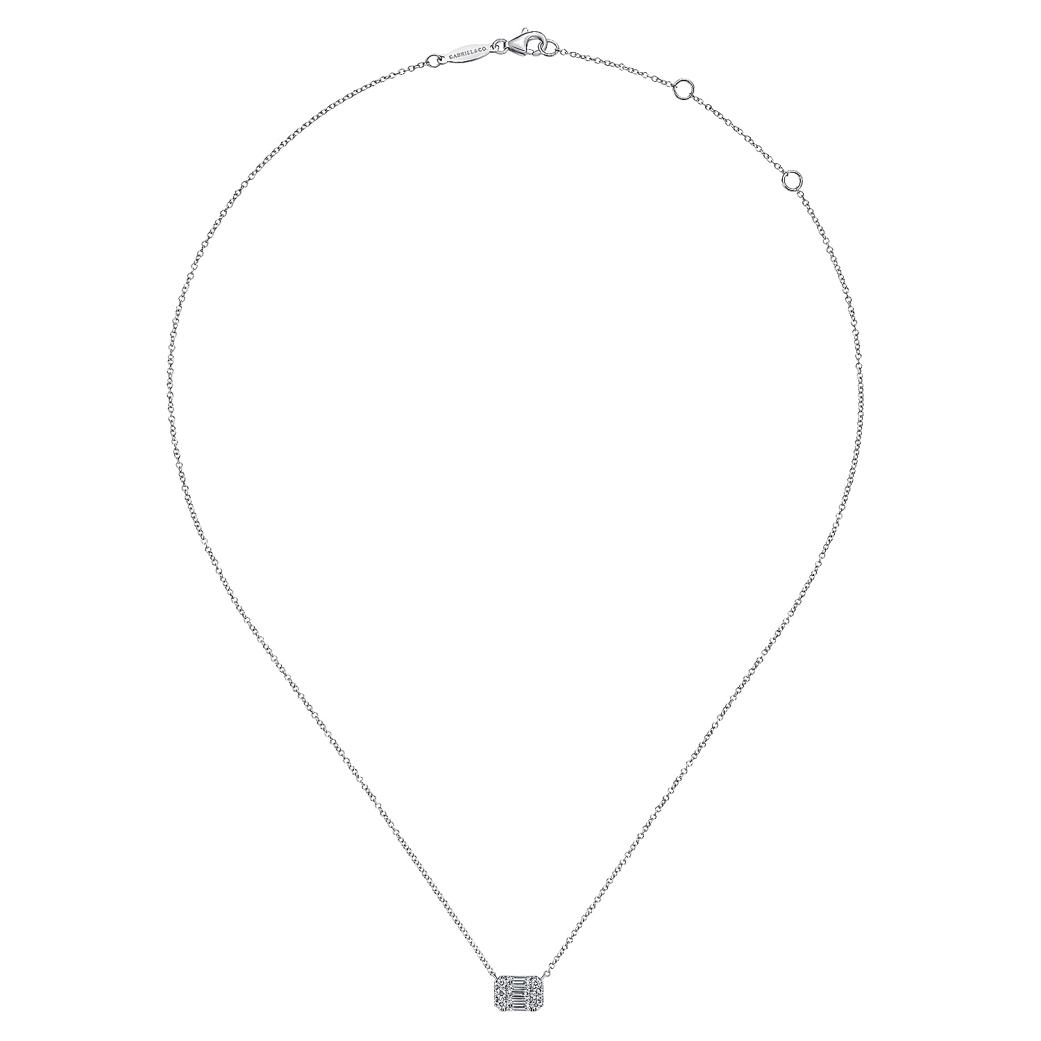 14K White Gold Baguette and Round Rectangular Diamond Pendant Necklace