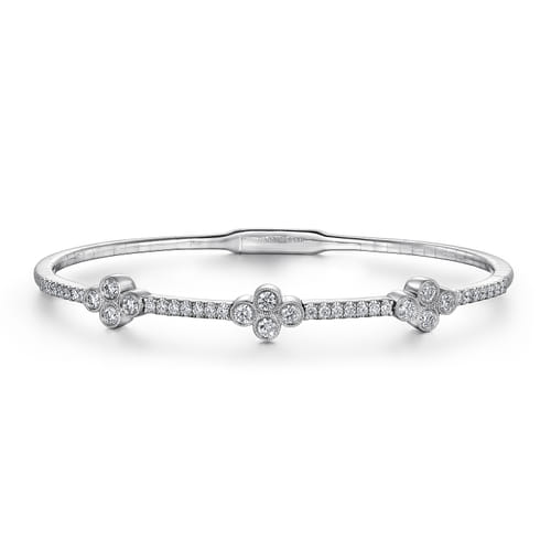 14K White Gold Bangle with Clover Diamond Stations 14K White Gold Bangle with Clover Diamond Stations