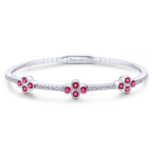 14K White Gold Bangle with Diamond and Ruby Quatrefoil Stations