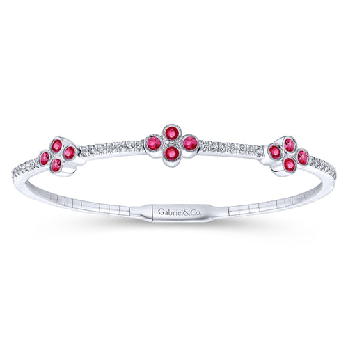 14K White Gold Bangle with Diamond and Ruby Quatrefoil Stations