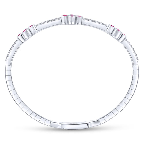 14K White Gold Bangle with Diamond and Ruby Quatrefoil Stations