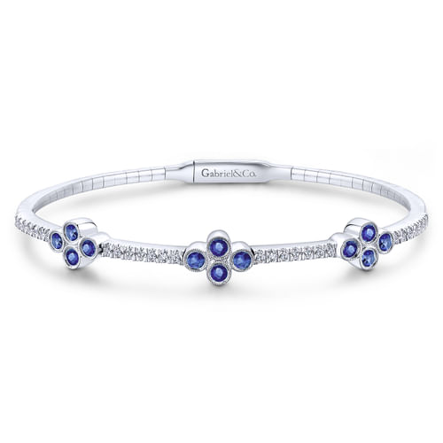 14K White Gold Bangle with Diamond and Sapphire Quatrefoil Stations