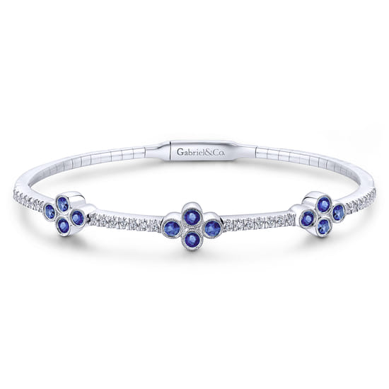 14K White Gold Bangle with Diamond and Sapphire Quatrefoil Stations