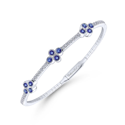 14K White Gold Bangle with Diamond and Sapphire Quatrefoil Stations