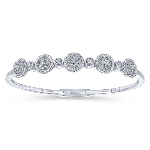 14K White Gold Bangle with Halo Diamond Stations