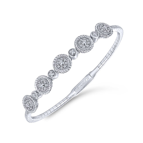 14K White Gold Bangle with Halo Diamond Stations