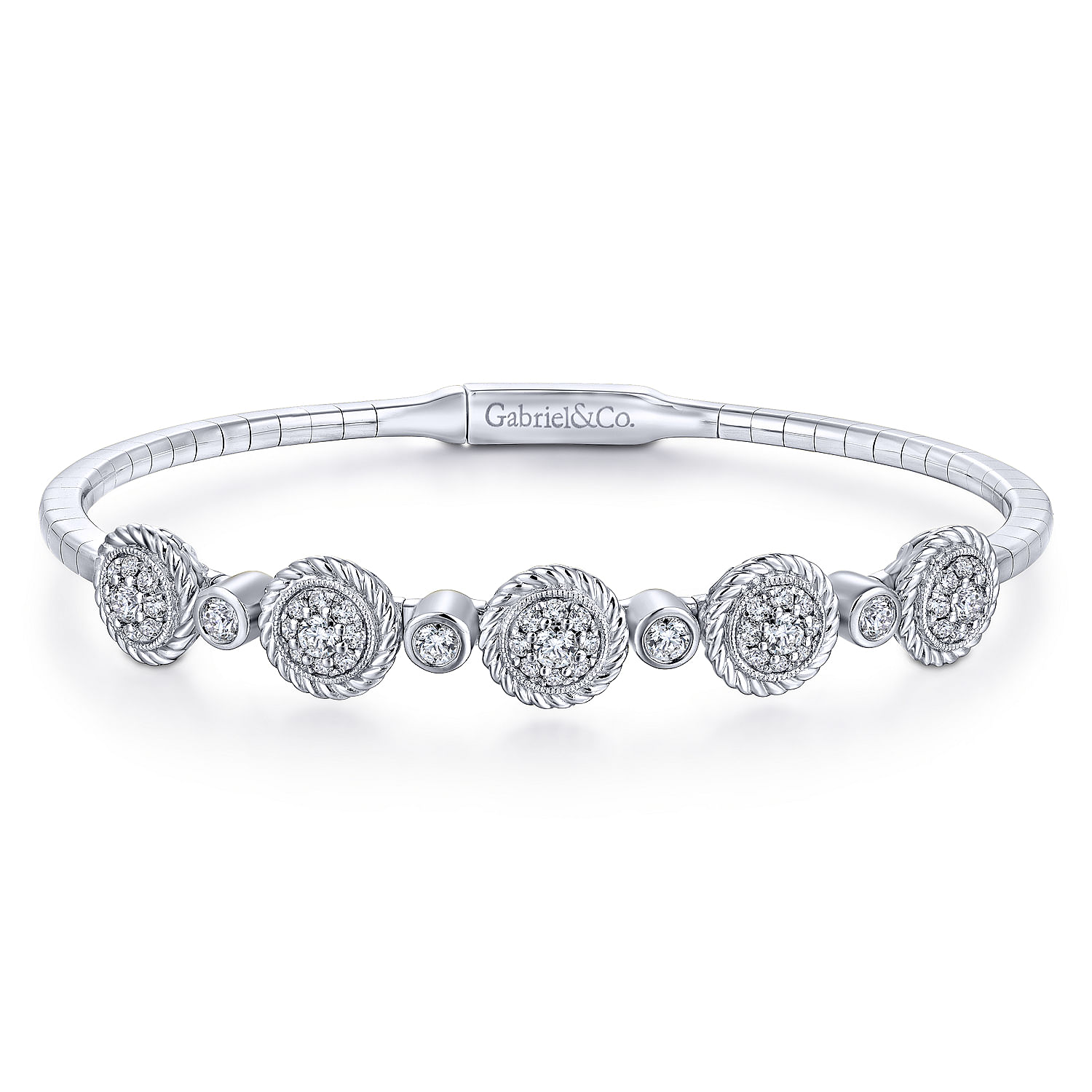 14K White Gold Bangle with Twisted Rope Pavé Diamond Stations