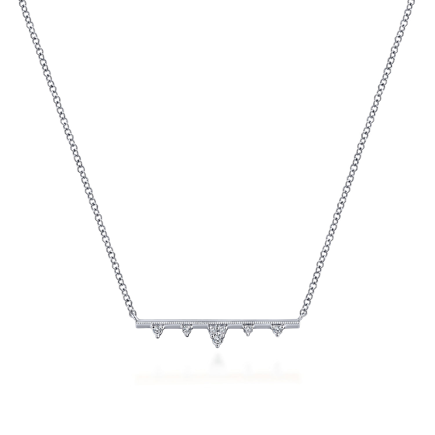 14K White Gold Bar Necklace with Diamond Triangle Stations