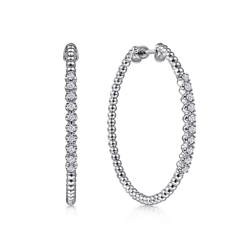 14K White Gold Beaded 40mm Classic Diamond Hoop Earrings