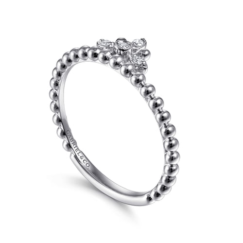14K White Gold Beaded Diamond Crown Ring