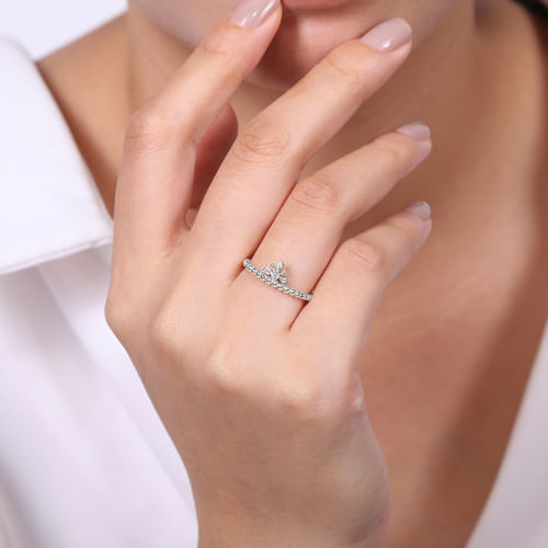 14K White Gold Beaded Diamond Crown Ring