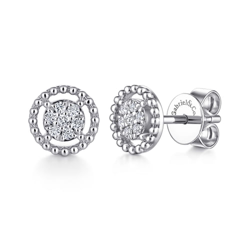 14K White Gold Beaded Halo Diamond Pavé Stud Earrings