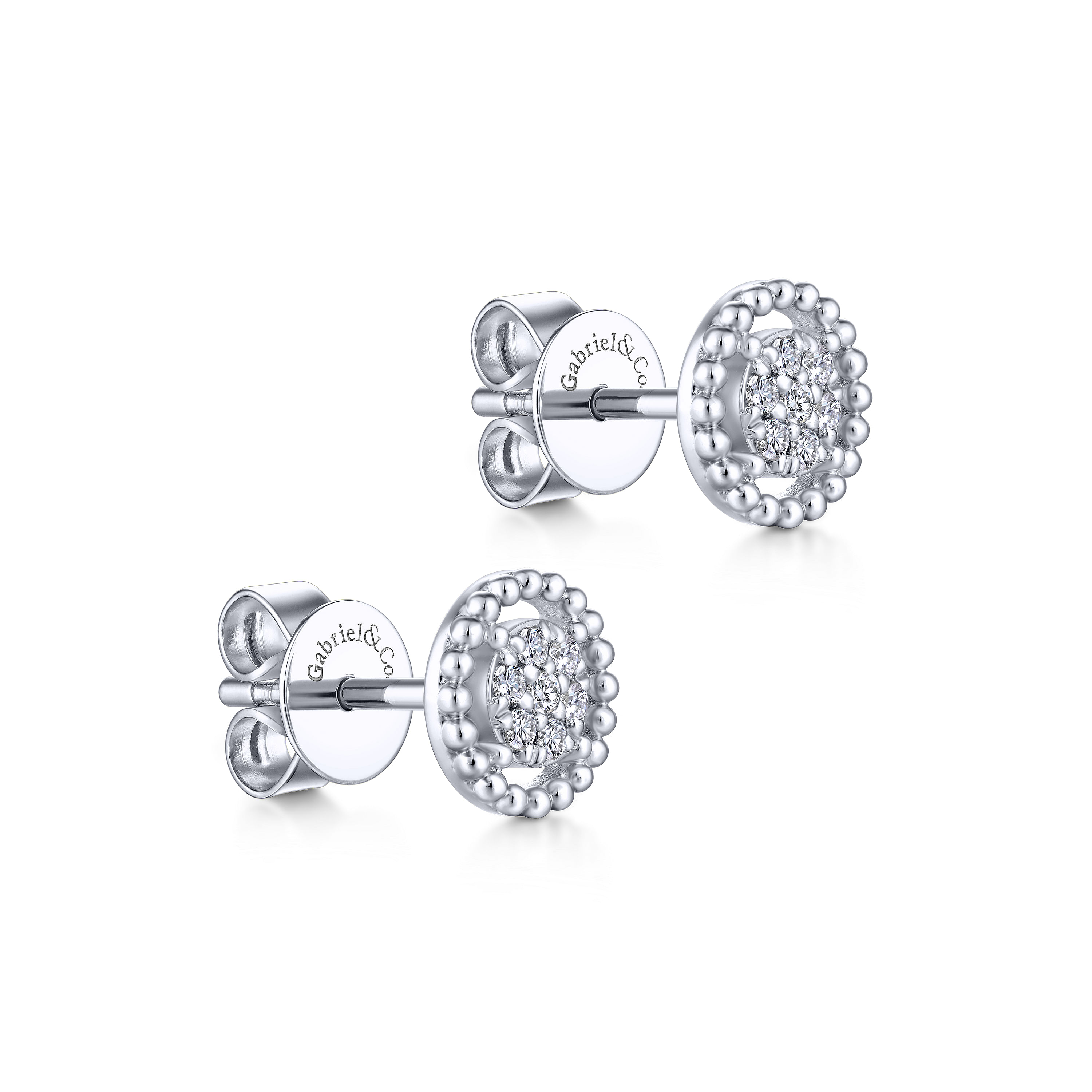 14K White Gold Beaded Halo Diamond Pavé Stud Earrings