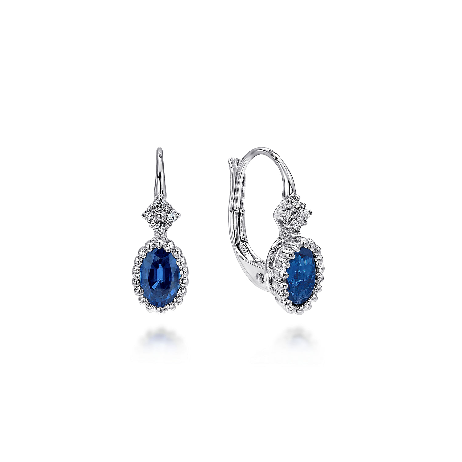 14K White Gold Beaded Oval Sapphire and Diamond Drop Earrings