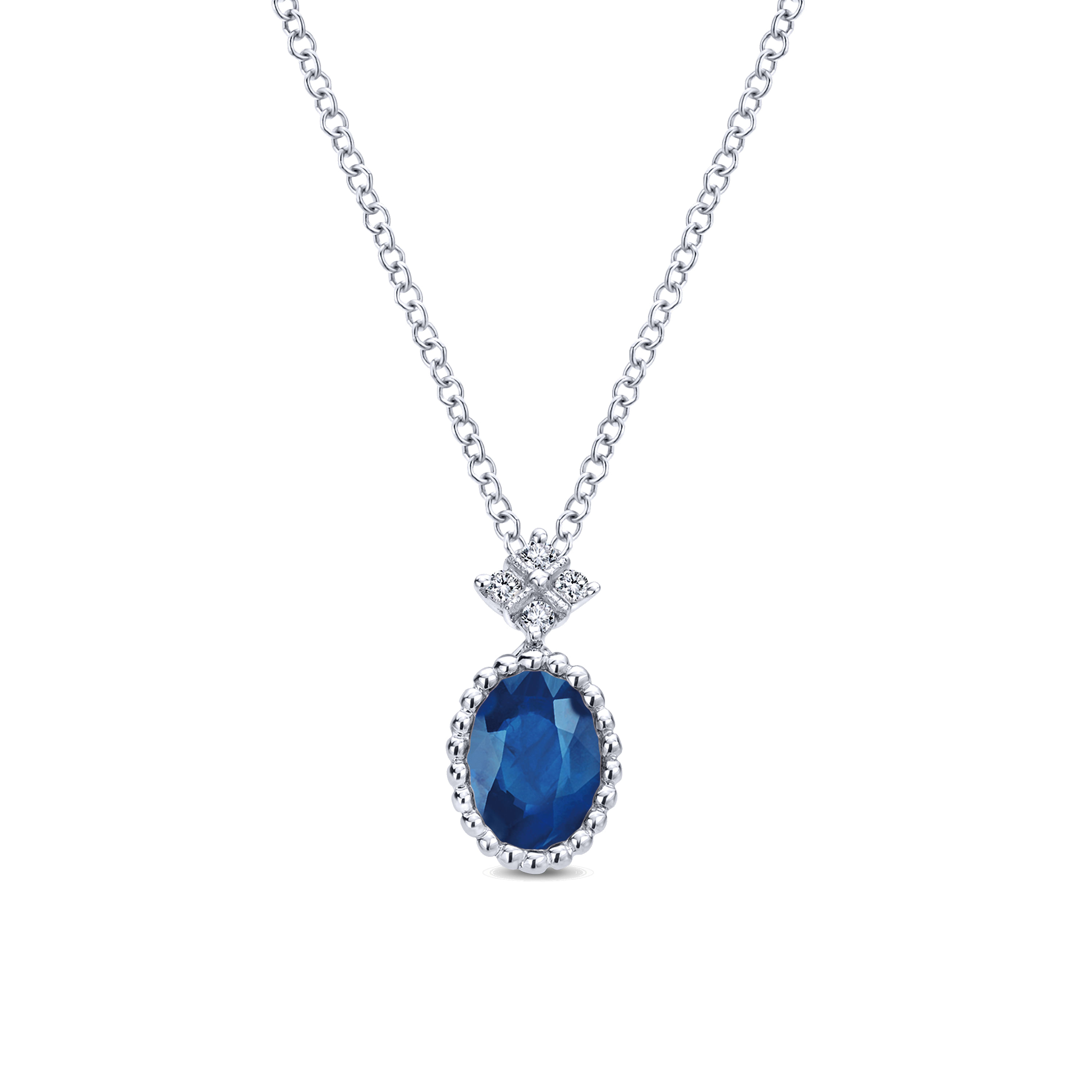 14K White Gold Beaded Oval Sapphire and Diamond Pendant Necklace