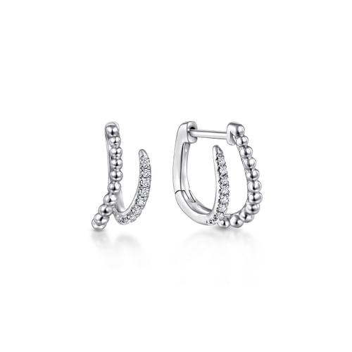 14K White Gold Beaded Pavé 10mm Diamond Huggies