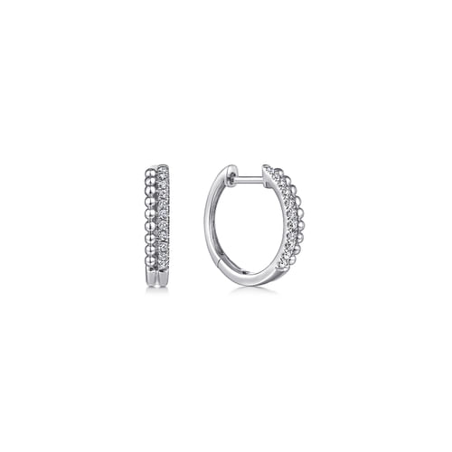 14K White Gold Beaded Pavé 10mm Diamond Huggies
