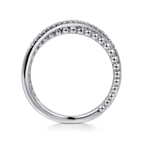 14K White Gold Beaded Pavé Diamond Criss Cross Ring
