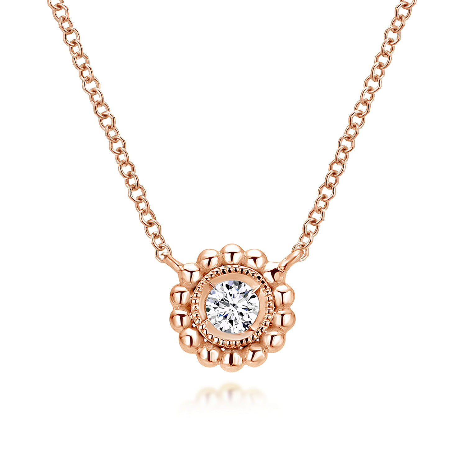 14K White Gold Beaded Round Bezel Set Diamond Pendant Necklace