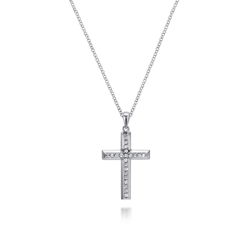 14K White Gold Beveled Diamond Cross Pendant Necklace
