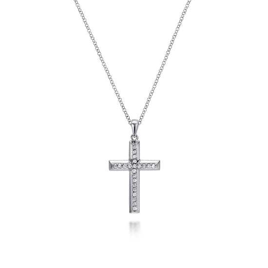 14K White Gold Beveled Diamond Cross Pendant Necklace