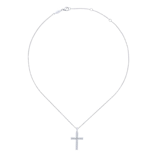 14K White Gold Beveled Diamond Cross Pendant Necklace