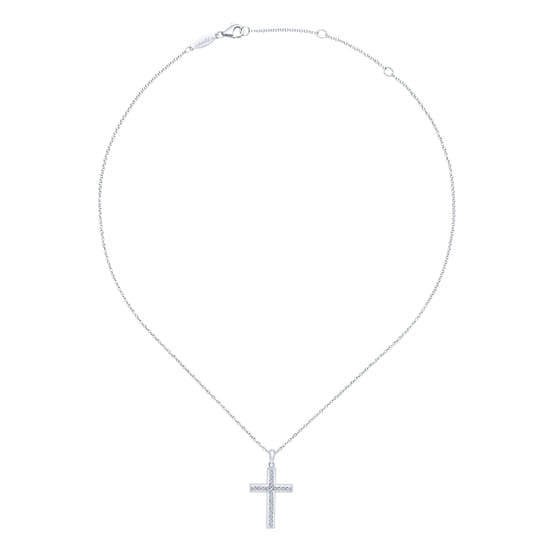 14K White Gold Beveled Diamond Cross Pendant Necklace angle 2