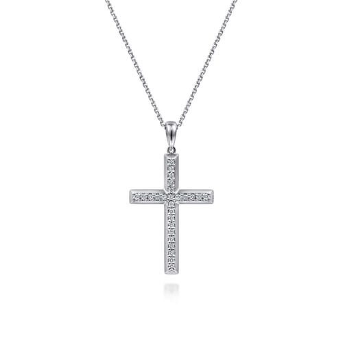 14K White Gold Beveled Pavé Diamond Cross Necklace