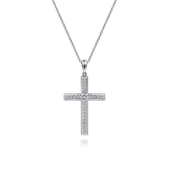 14K White Gold Beveled Pavé Diamond Cross Necklace