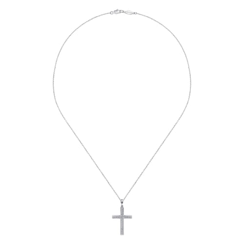 14K White Gold Beveled Pavé Diamond Cross Necklace