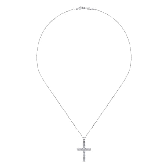 14K White Gold Beveled Pavé Diamond Cross Necklace angle 2