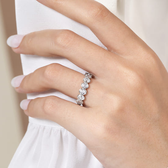 14K White Gold Bezel Oval 7 Stone Diamond Anniversary Band angle 5