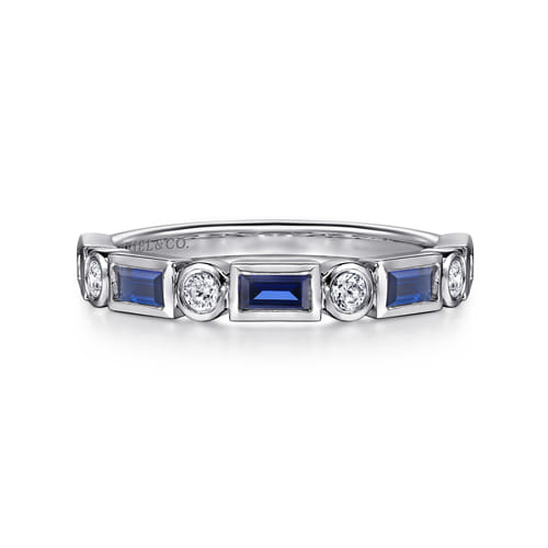 14K White Gold Bezel Set Baguette Sapphire and Round Diamond Anniversary Band