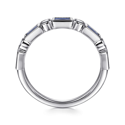 14K White Gold Bezel Set Baguette Sapphire and Round Diamond Anniversary Band