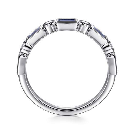 14K White Gold Bezel Set Baguette Sapphire and Round Diamond Anniversary Band angle 2
