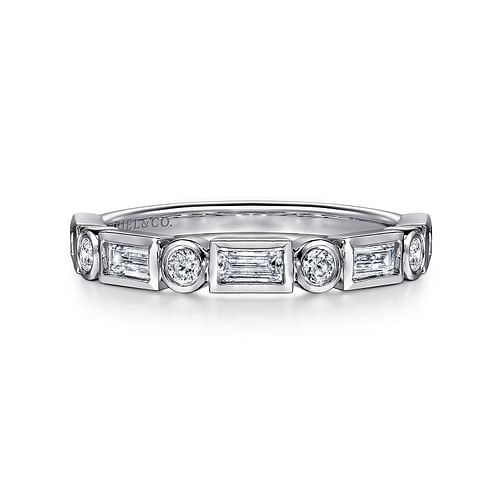 14K White Gold Bezel Set Baguette and Round Diamond Anniversary Band