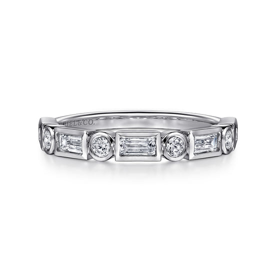 14K White Gold Bezel Set Baguette and Round Diamond Anniversary Band