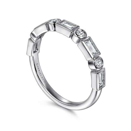 14K White Gold Bezel Set Baguette and Round Diamond Anniversary Band angle 3