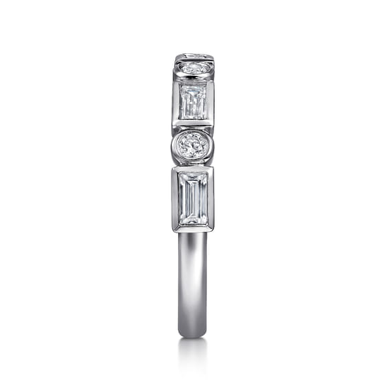 14K White Gold Bezel Set Baguette and Round Diamond Anniversary Band angle 4