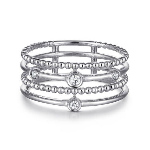14K White Gold Bezel Set Diamond Station Layered Ring